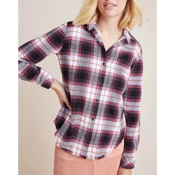 Anthropologie Cloth & Stone Plaid Button Down Flannel Shirt Raw Fringe Hem Small - Picture 1 of 9